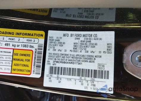 2022 Ford Bronco Sport Big Bend из США, поврежденный, VIN 3FMCR9B6XNRD17361